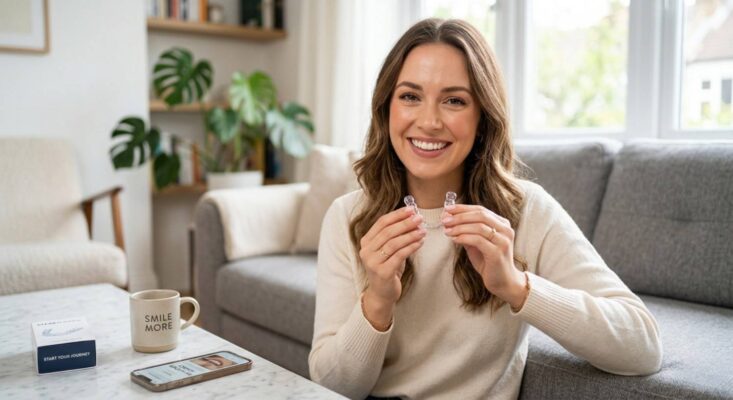 Smiling woman in a cream sweater sits on a sofa, holding clear dental aligners up to the camera in a living room setting.