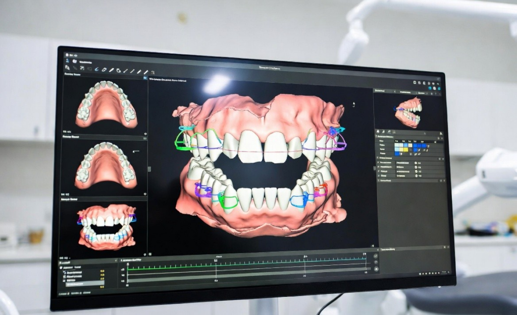 3D dental model on screen showing upper and lower jaws with colored braces for orthodontic planning.