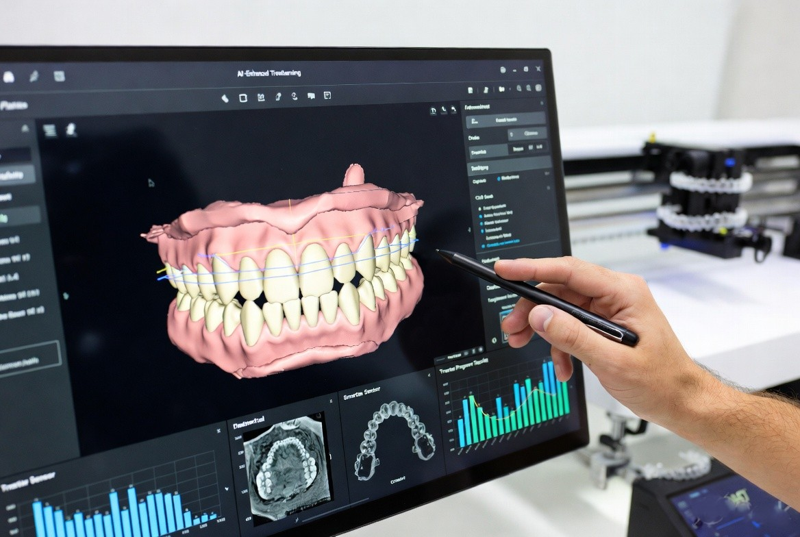 Hand holding a stylus and pointing at a 3D dental jaw model on a computer monitor displaying dental software UI.