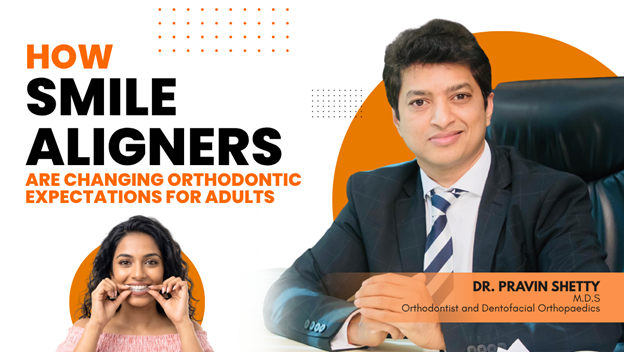 Promotional banner about adult smile aligners: bold headline and a doctor in a suit on the right with an patient showing braces on the left, plus orange graphic elements.